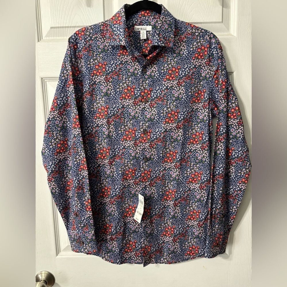 Bar iii Mens Slim fit Dress Shirt Small 14-14.5 Long Sleeve Blue Purple Floral